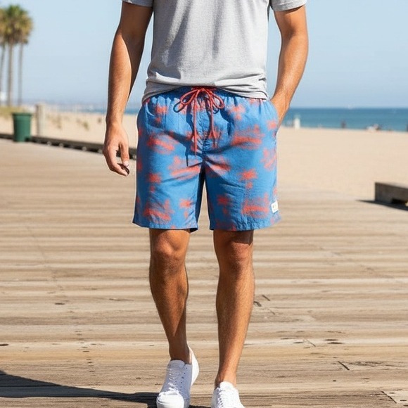 Mosmann Australia Swim Trunks Mens Size XL Blue Shorts Palm Tree Vacation Beachy - Picture 1 of 9